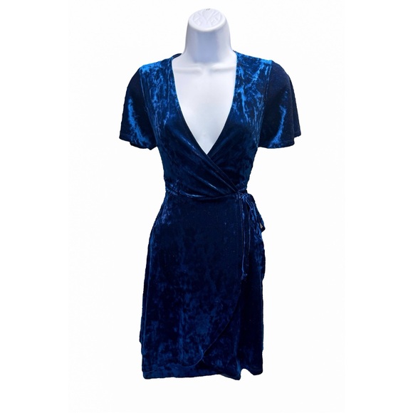 Monteau Blue Velvet Deep V Mini Dress - Picture 1 of 3